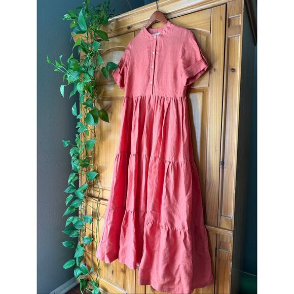 Boho Linen Maxi Dress by HELSOL, Coral, Handmade in Mexico - Picture 5 of 14